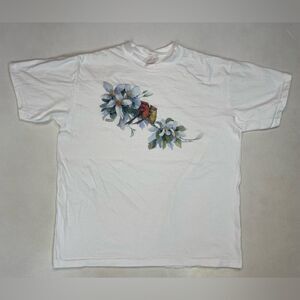 VINTAGE Flower Bird Art Graphic T-shirt Women Large White USA 90s Single Stitch